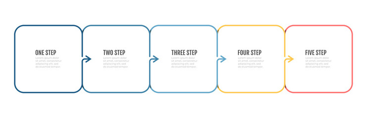 Business thin line process step design template. Timeline with 5 options, arrows. Vector thin line elements for presentation.