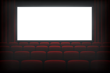 Cinema dark hall with white empty screen
