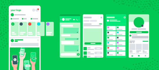 Whatsapp screen UI post delivery chat frame with stories vector mobile app. Social network on mobile phone with profile, dashbord,  feedback, news, history, friends, notifications, check mark. 