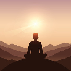 peace of mind meditation concept silhouette with mountain background vector illustration EPS10