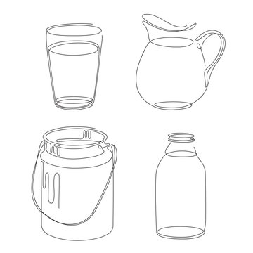 Set of images of utensils for milk. Can, jug, glass and bottle.