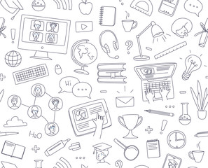 Learning online, e-learning video call chat with class. Distance education