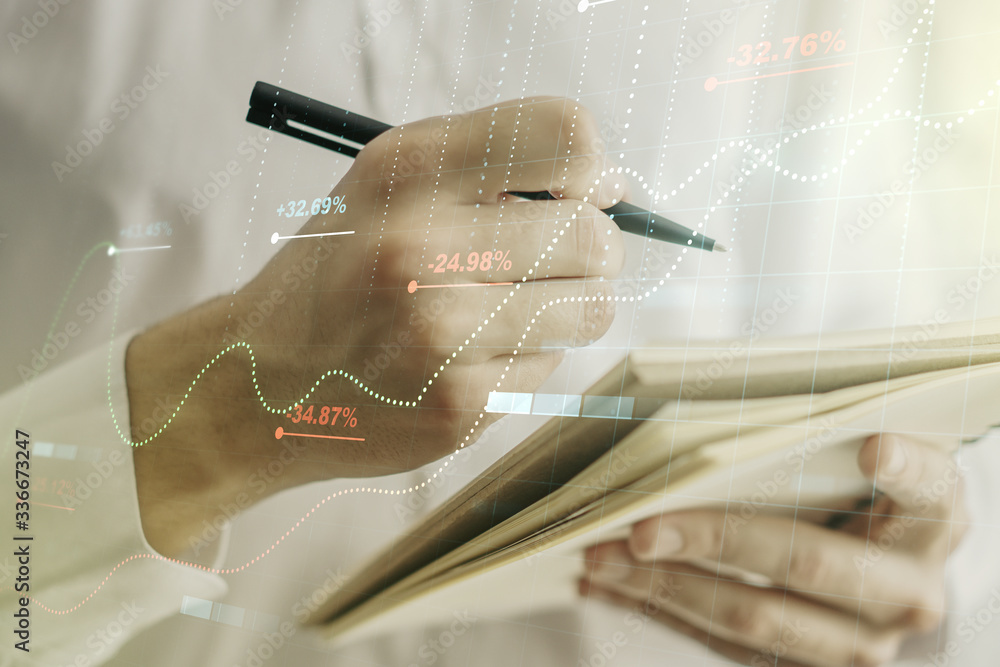 Poster Abstract creative stats data concept with man hand writing in notebook on background. Multiexposure
