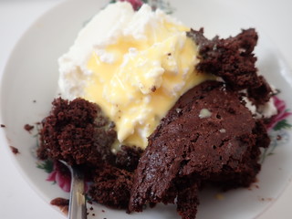 chocolate crumble dessert with cream