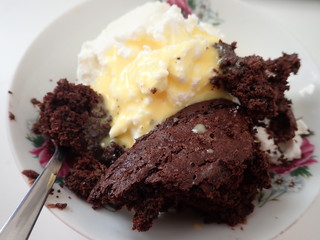 chocolate crumble dessert with cream