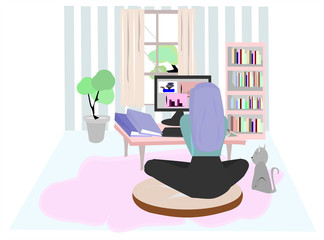 Woman working at home and online conference. People using laptop for social distancing . People illustration on isolate white background. Cartoon character person flat design .