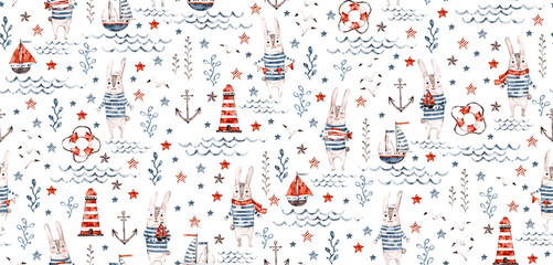 Seamless nautical baby pattern with sea rabbit, bunny, fish, anchor,. Nursery marine kids childish background. Cute watercolor Vector illustration. Marine life background. For fabric, textile, decor