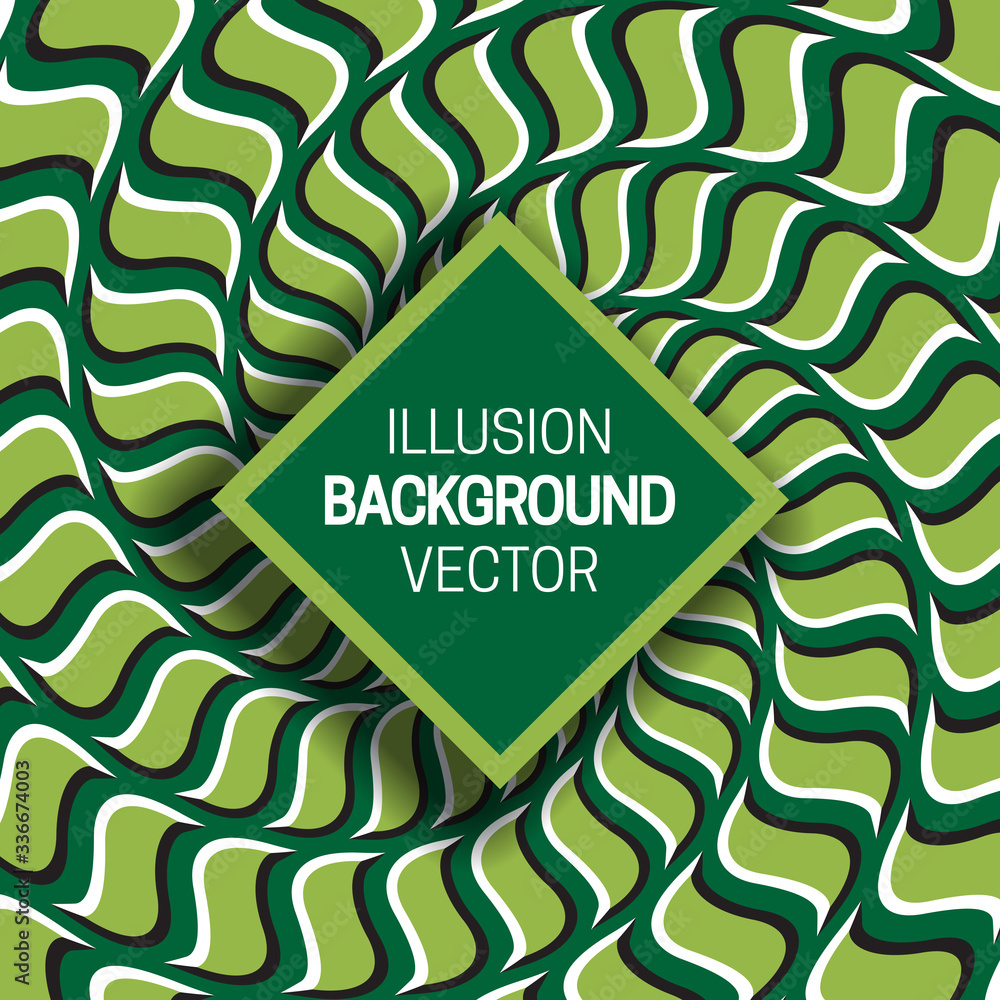 Poster square frame on green optical illusion hypnotic background of rotating spiral pattern.