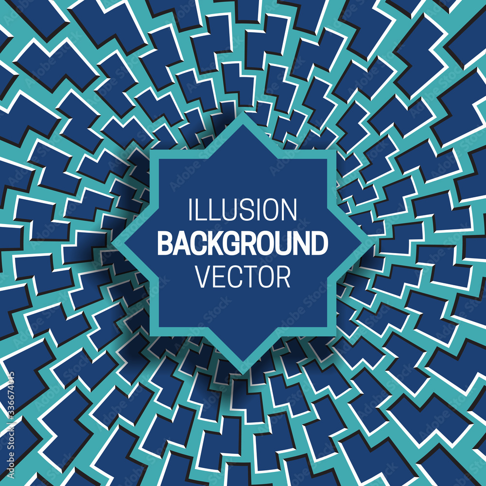 Poster octagram frame on blue optical illusion hypnotic background of rotating zigzag polygons.
