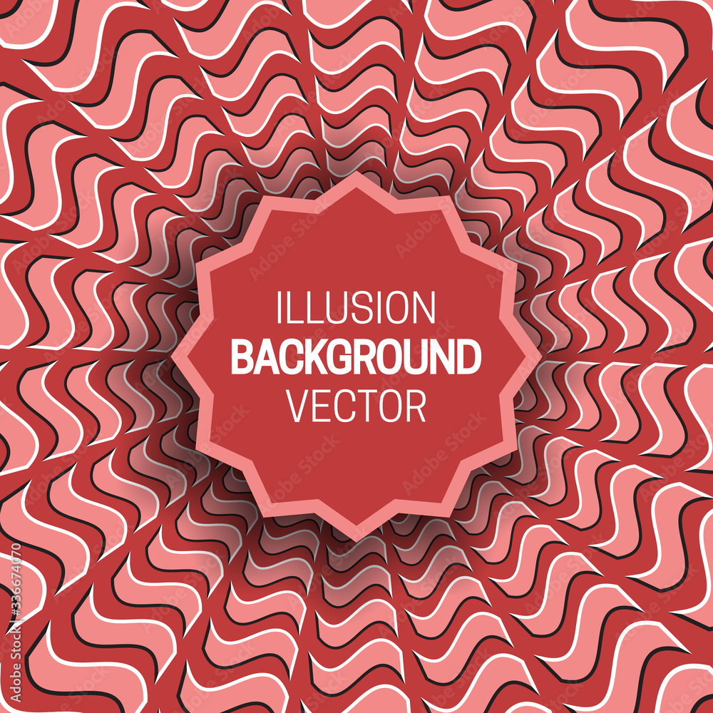 Poster round frame on red optical illusion hypnotic background of rotating wavy quadrangles pattern.