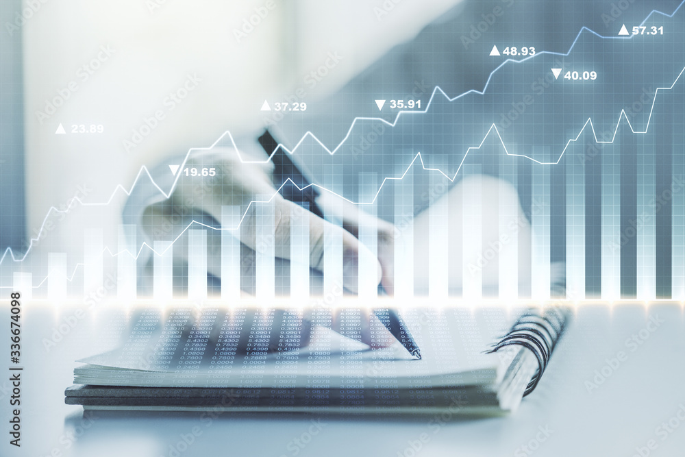 Poster multi exposure of abstract creative financial graph with hand writing in notepad on background, fore