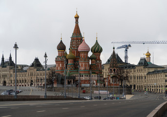Moscow, Russia, April 5, 2020 -St. Basil's Cathedral, Kremlin. Moscow isolated due to coronavirus.