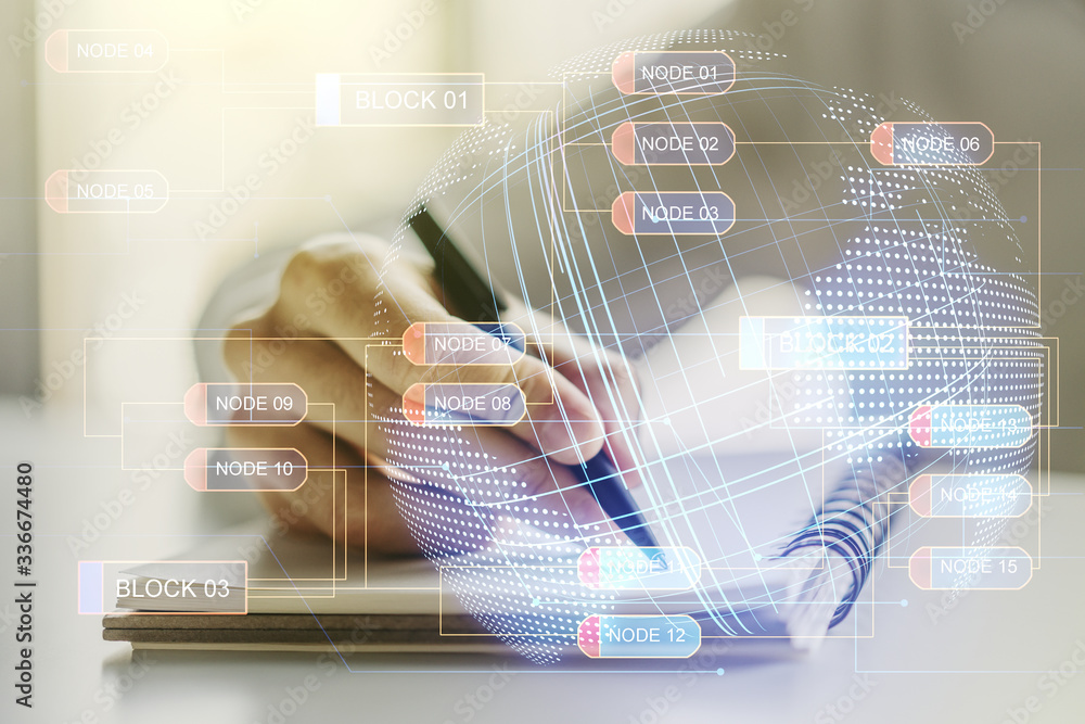 Poster multi exposure of abstract software development hologram with world map and man hand writing in note