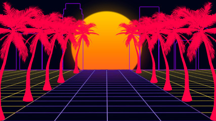 Beautiful beach evening, synth wave and retro wave, vaporwave futuristic aesthetics. Ultraviolet, glowing neon style. Stylish poster, purpose flyer, bright colors and geometric lines. Resort, chill. © master1305