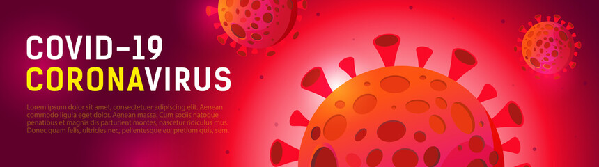 Panoramic banner on the theme of Coronovirus, Covid 19 worldwide. Red sign of coronavirus. Template with place for your text. Vector illustration