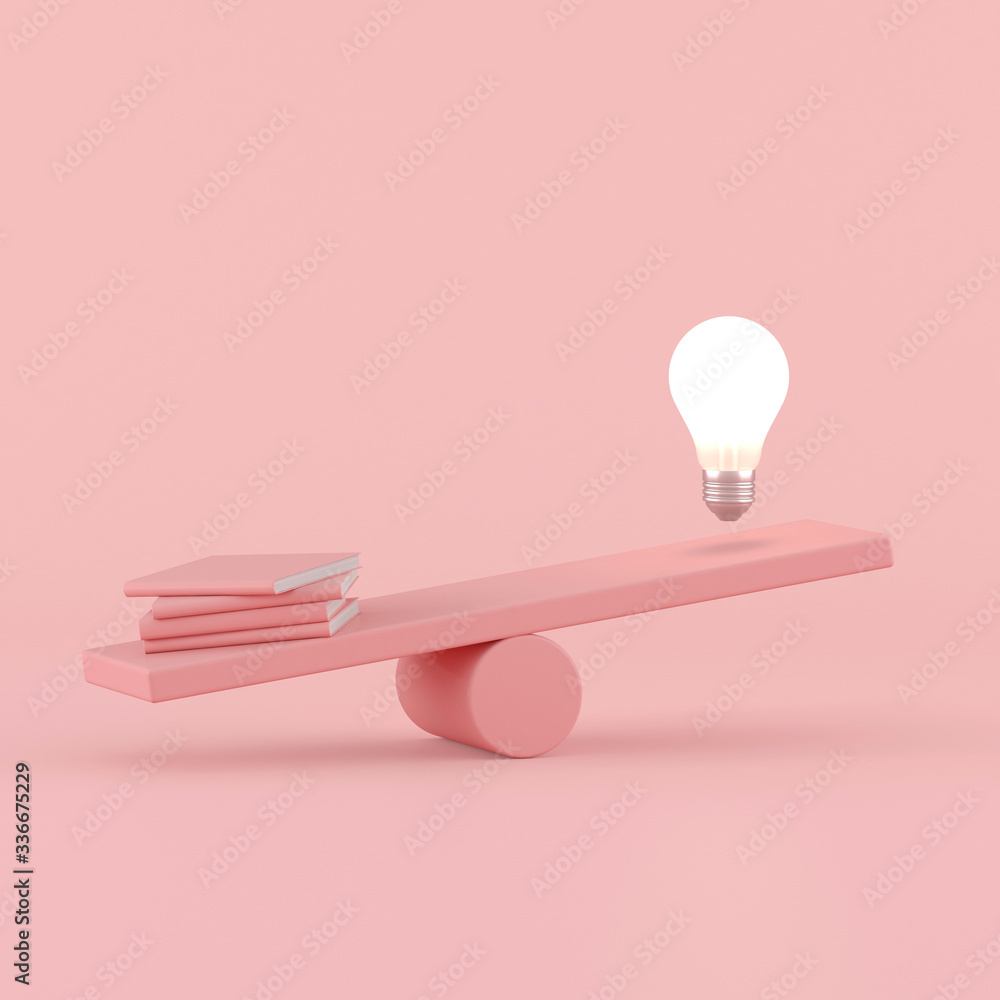 Poster Minimal conceptual idea of floating light bulb opposite with pink books on seesaw,knowledge concept. 3D rendering.