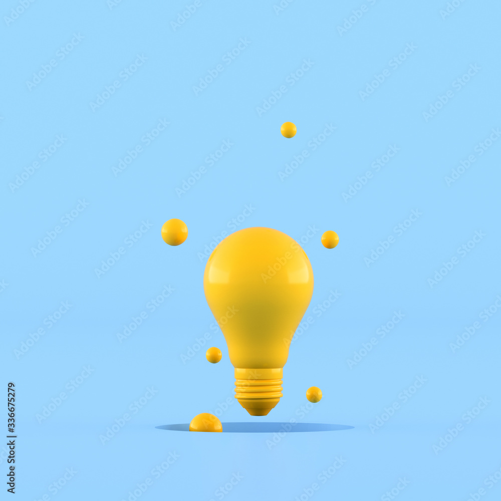 Poster minimal concept idea of yellow light bulb surround with small ball on blue background. 3d rendering.