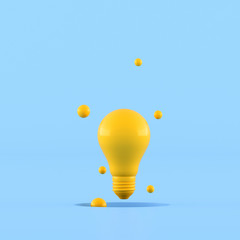 Minimal concept idea of yellow light bulb surround with small ball on blue background. 3D rendering.