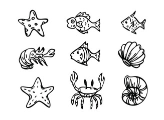 vector, sea creatures line art, fish, shell crabs, star-fish