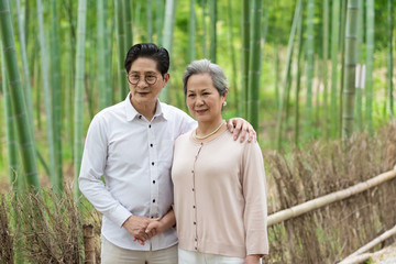 An Asian elderly couple walking in the bamboo forest