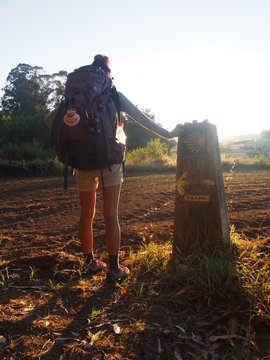 Pilgrim standing towards the sunrise, Camino de Santiago, Way of St. James, Journey from Teo to Santiago de Compostela, Portuguese way, Portugal