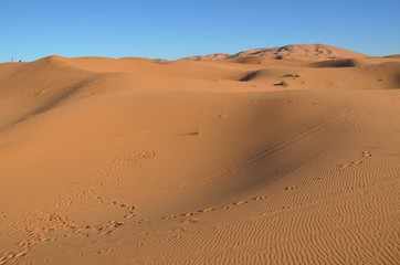 Fototapeta na wymiar Merzouga is a small Moroccan town in the Sahara Desert, near the Algerian border. Beautiful sand dunes with blue sky.