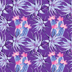 Cactus floral bouquet with aloe vera, seamless pattern.
