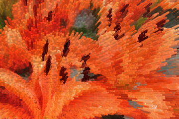 Orange mosaic geometric shapes. Visualization and 3D render abstraction pattern. The beautiful background for advertising or banners.