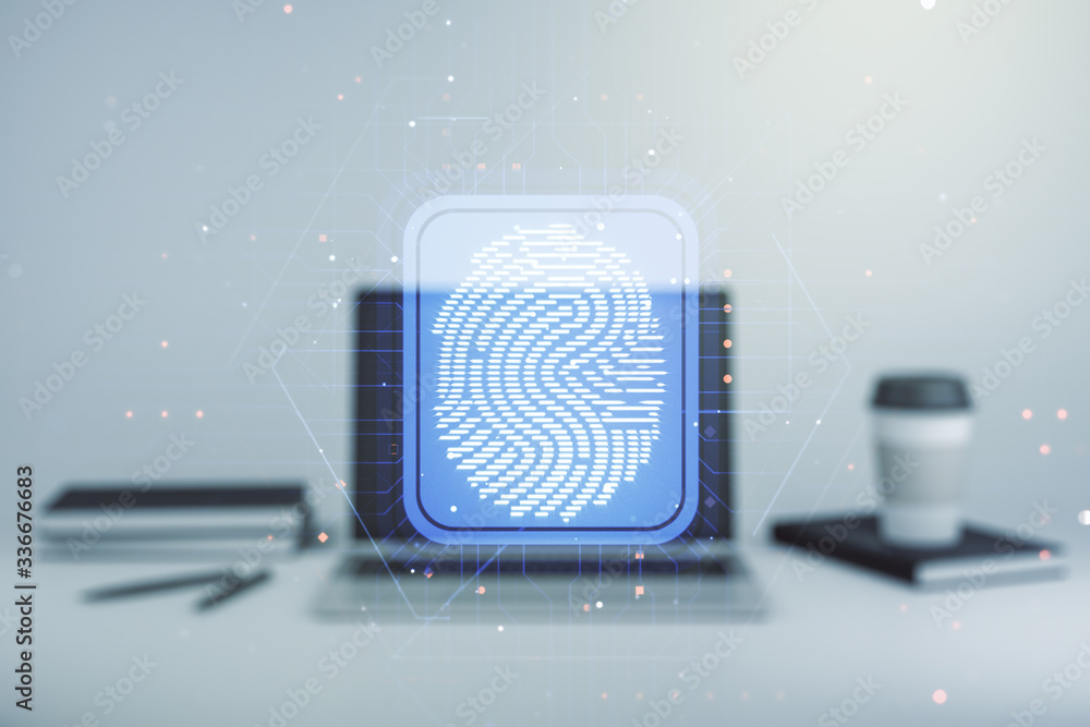Fototapete Multi exposure of abstract graphic fingerprint sketch on modern computer background, fingerprint scan data concept