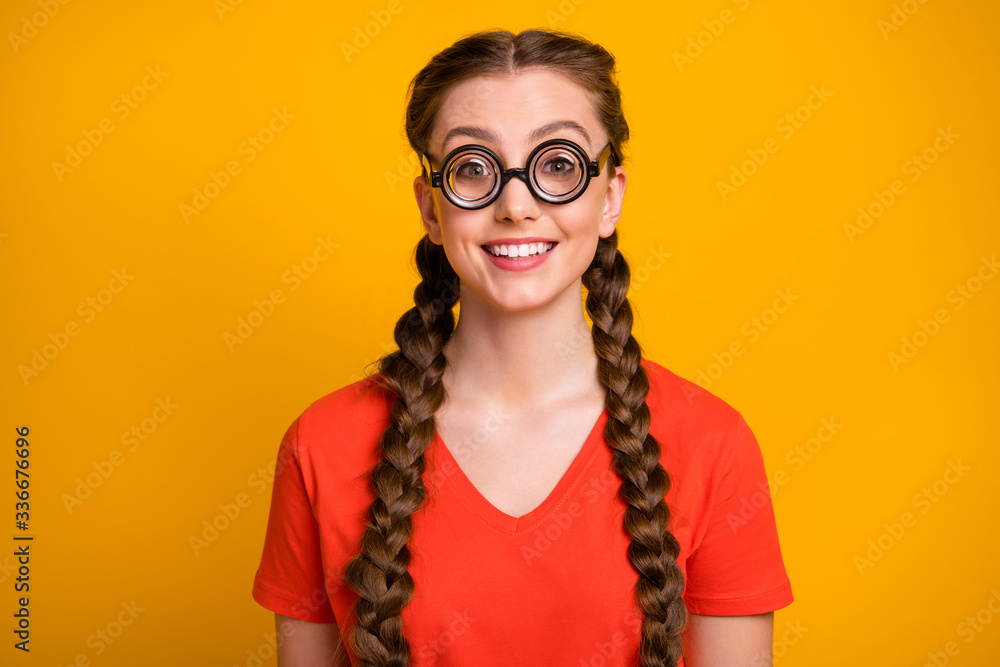 Poster Photo of funny pretty student lady clever person diligent pupil listen teacher new theory explanation wear freak specs casual red t-shirt isolated vibrant yellow color background