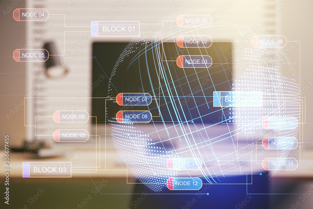 Poster multi exposure of abstract software development hologram with world map on laptop background, global