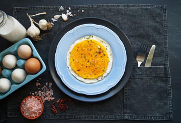Omelette, scrambled eggs, an egg breakfast, free-range eggs