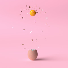 Creative Easter egg 3D render. Surprise egg concept Egg shell explosion. Minimal holiday...