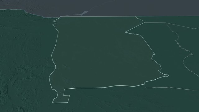 Omusati, region with its capital, zoomed and extruded on the administrative map of Namibia in the conformal Stereographic projection. Animation 3D