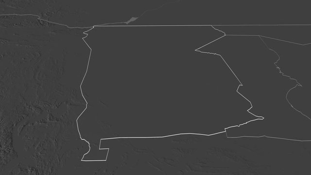Omusati, region with its capital, zoomed and extruded on the bilevel map of Namibia in the conformal Stereographic projection. Animation 3D