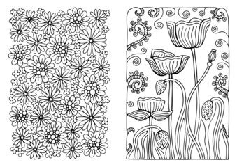 Set of coloring pages with flowers pattern. May be used for print of postcards, congratulation cards or fabric bags. Hand drawn illustration for coloring book in zentangle style.