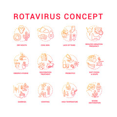 Rotavirus red concept icons set. Dry mouth. Cool skin. Observe hygiene. Wash hands. Virus infection symptoms idea thin line RGB color illustrations. Vector isolated outline drawings
