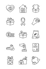 hearts and charity and donation icon set, line style