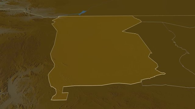 Omusati, region with its capital, zoomed and extruded on the relief map of Namibia in the conformal Stereographic projection. Animation 3D