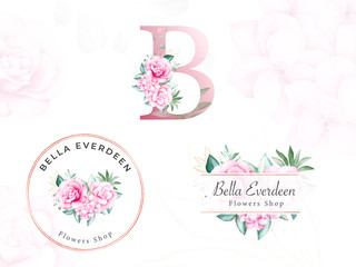 Watercolor floral logo set for initial B of peach roses and leaves. Premade flowers badge for branding