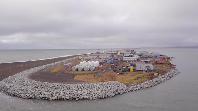 Aerial shot of Kivalina, Alaska. Fly Over.