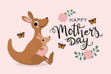 Happy Mother's Day greeting card with kangaroo and baby, joey. Australia animal wildlife cartoon character. -Vector 