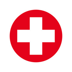 White cross in a red circle. First aid icon. Vector illustration