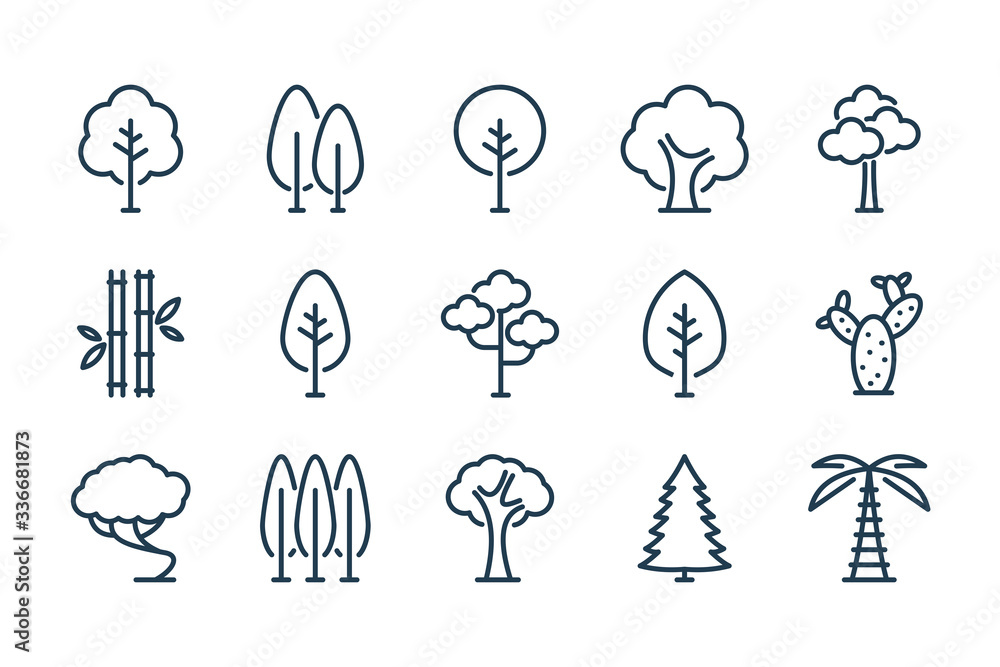 Poster tree and plants related line icon set. nature and ecology vector icon collection.