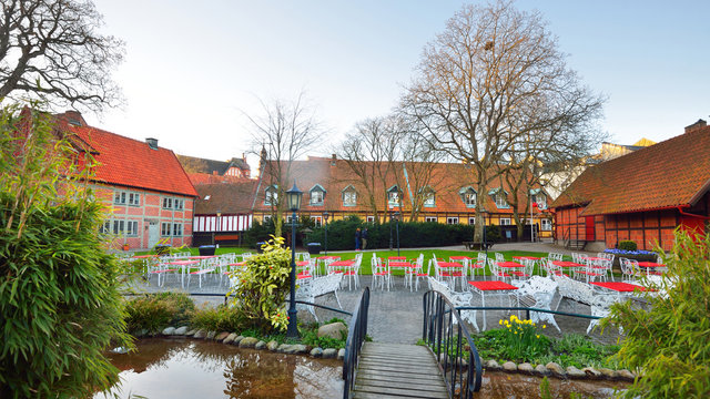 Beautiful garden and empty cafe at sunset. People are staying home because of coronavirus (COVID-19) outbreak. Economic decline in Ystad, Sweden quarantine zone