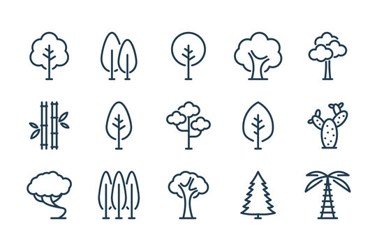 Tree And Plants Related Line Icon Set. Nature And Ecology Vector Icon Collection.