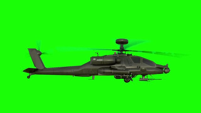 Military helicopter Boeing AH-64 Apache realistic 3d animation. Realistic reflections, shadows and motion. Green screen