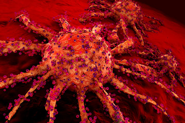 A growing Cancer cell spreading on healthy Tissue