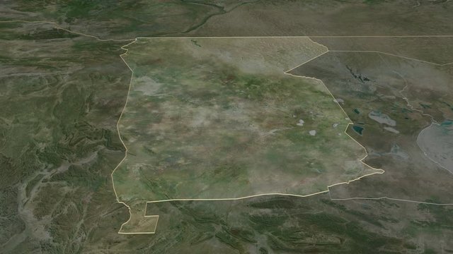 Omusati, region with its capital, zoomed and extruded on the satellite map of Namibia in the conformal Stereographic projection. Animation 3D