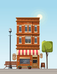 Old three-story house with a cafe on the ground floor. Old-fashioned cafe. Vintage style restaurant facade. European street with vintage house and cozy cafe. Vector illustration